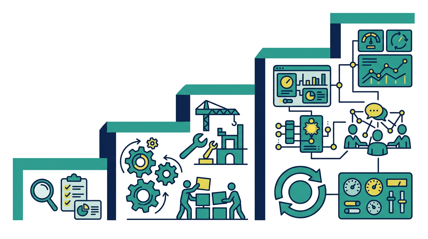 Three-tier ascending service model showing progression from strategy audit to implementation to full retainer management