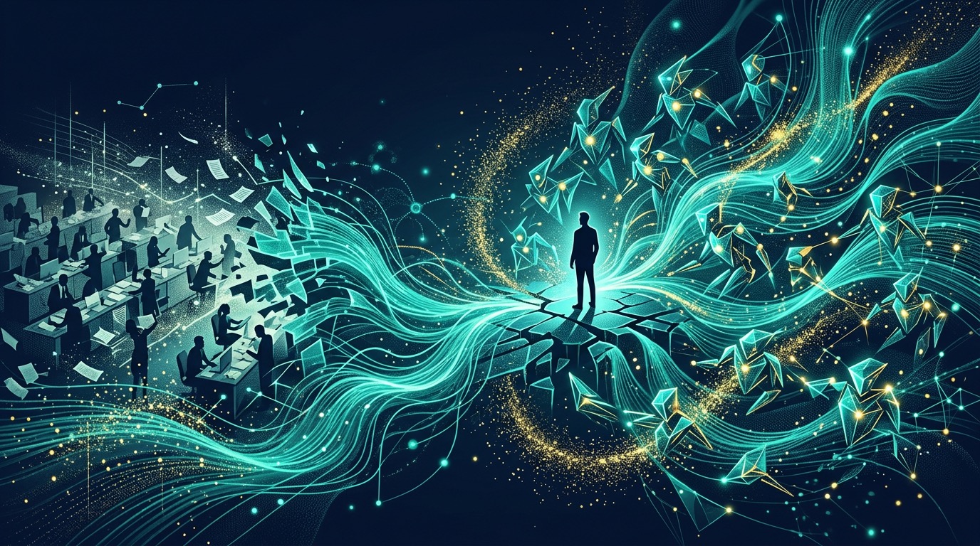 Abstract digital art showing a lone figure standing between a traditional agency team and luminous AI network, representing the shift from team-based to solo AI-powered business models