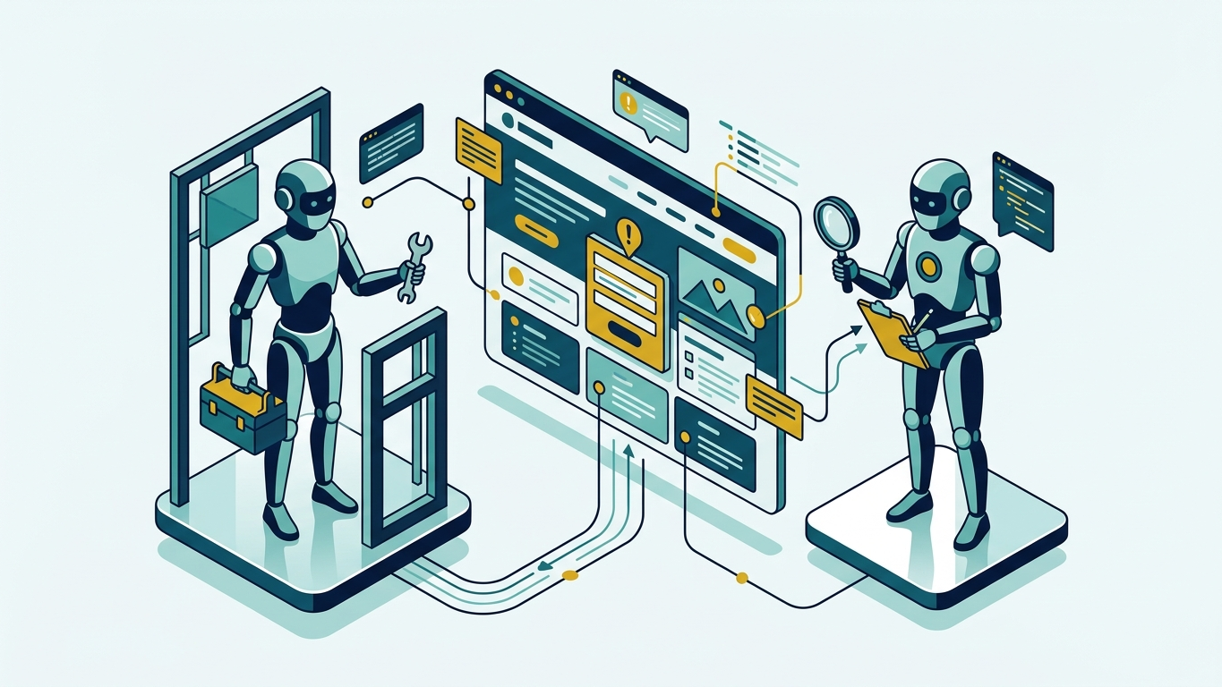 Illustration of two AI agents: one building a website and another auditing it with a magnifying glass, demonstrating the agent-checking-agent workflow