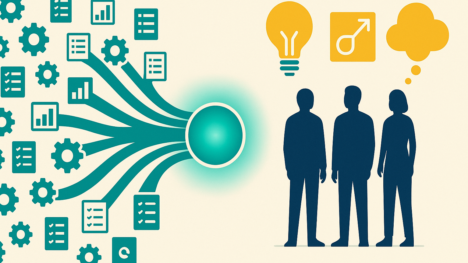 Routine tasks flowing into an AI agent hub while people focus on strategy