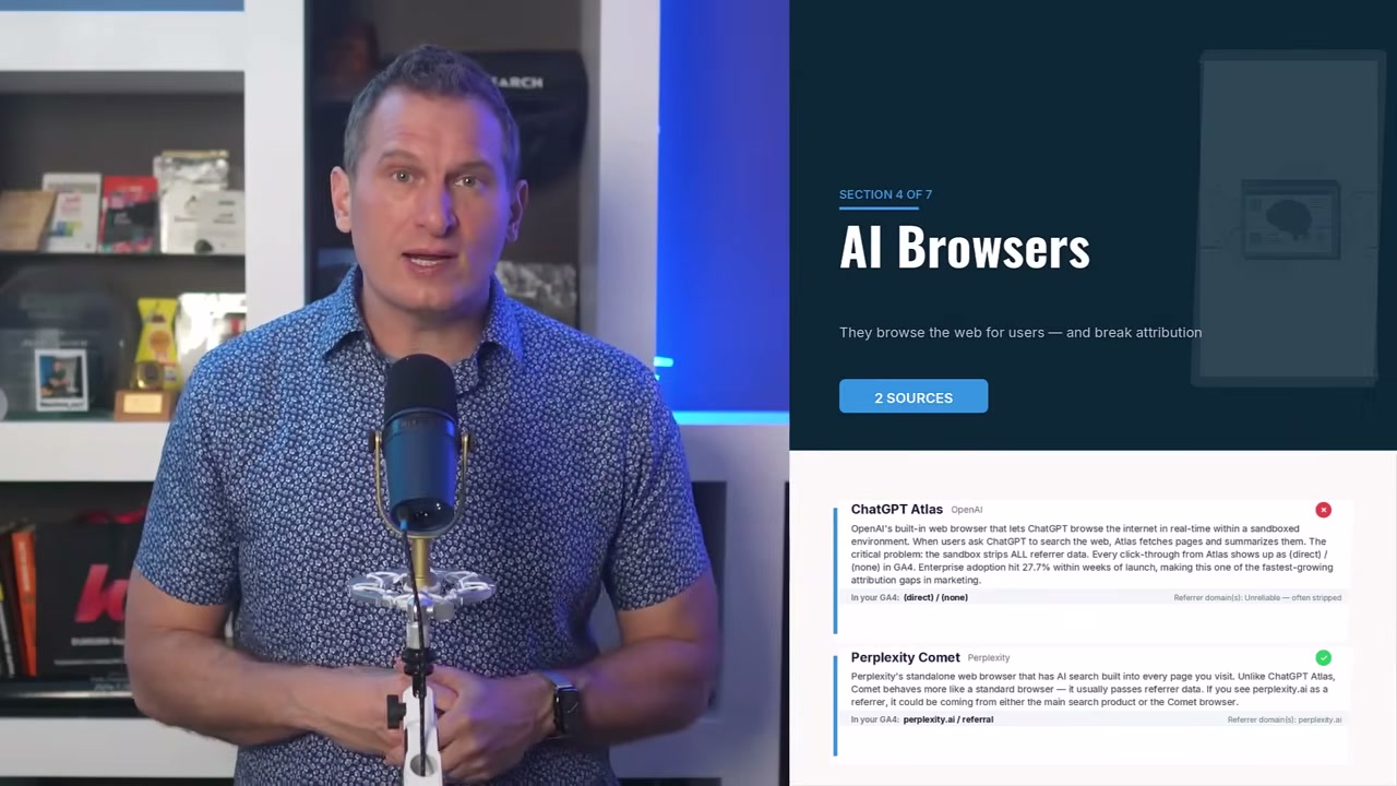 Video screenshot showing AI Browsers section with ChatGPT Atlas and Perplexity Comet details, explaining how they break attribution tracking