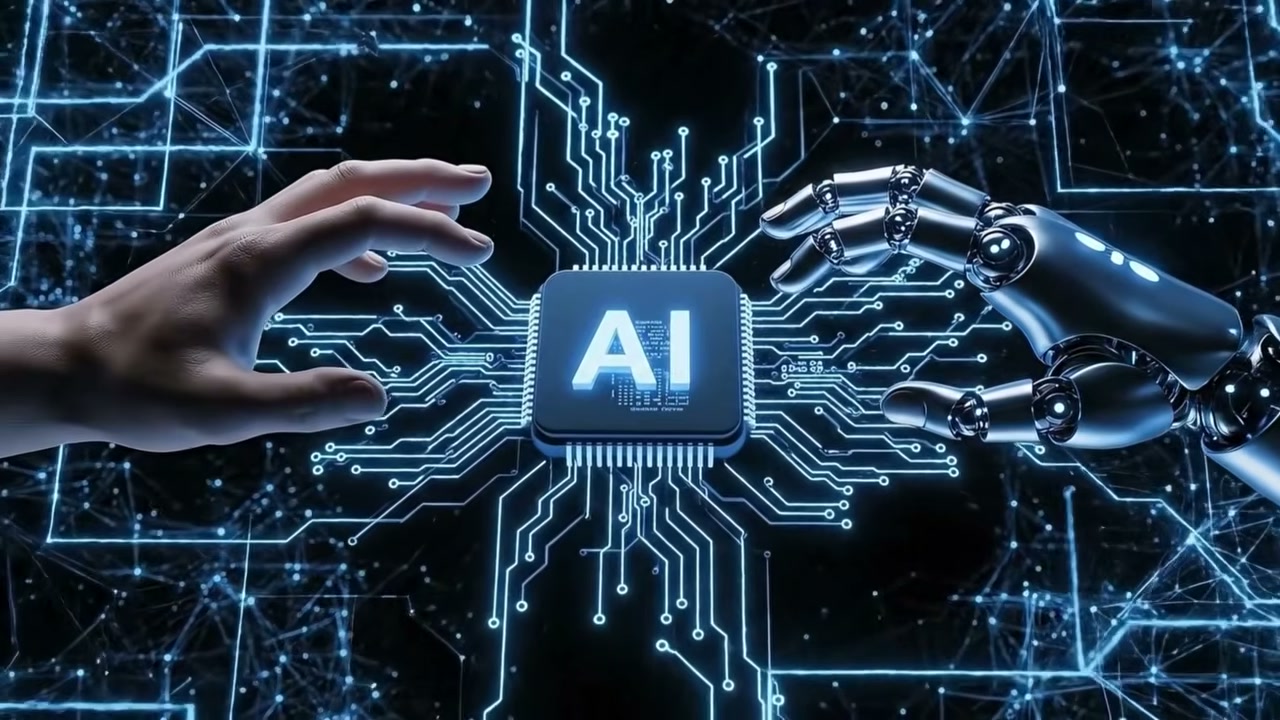 Human hand and robot hand reaching for an AI chip - the intersection of human expertise and artificial intelligence