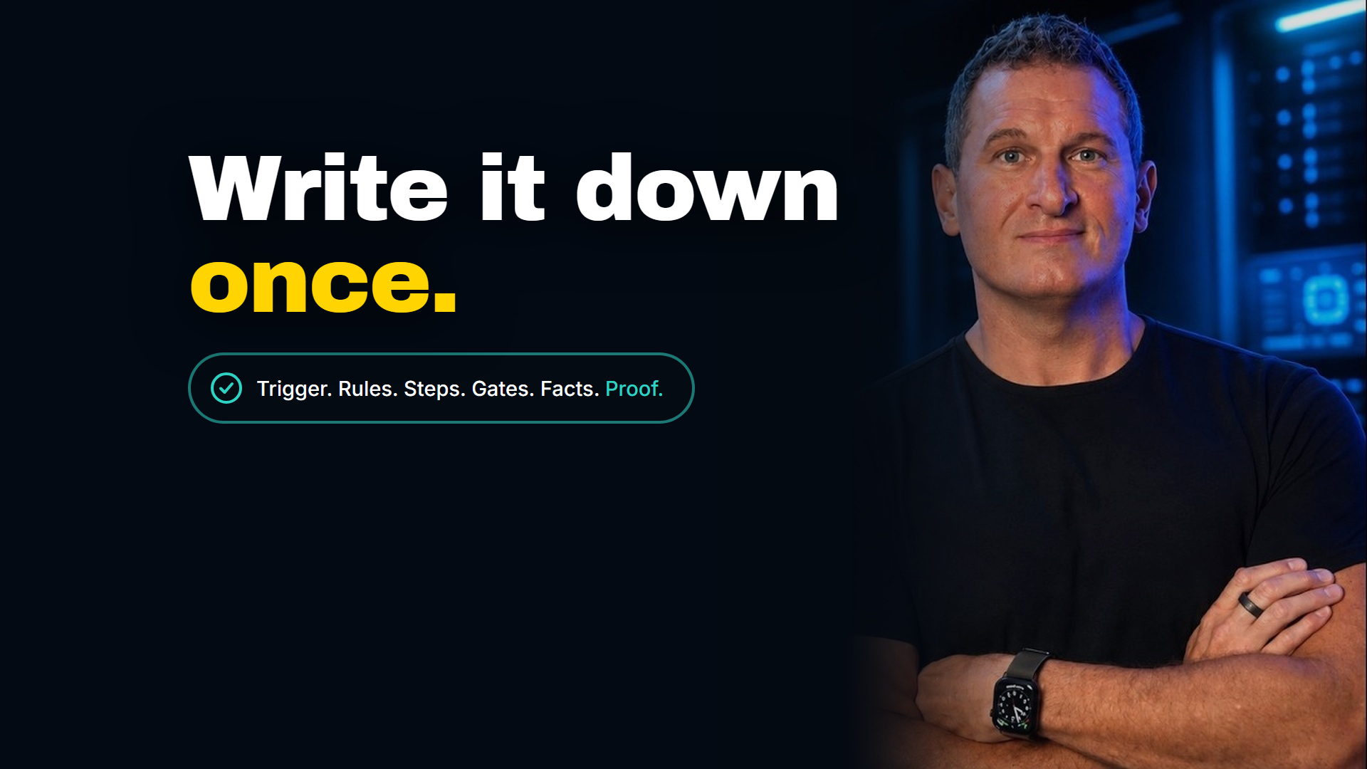 Blog cover reading Write it down once, with Jeff Sauer and the line trigger, rules, steps, gates, facts, proof