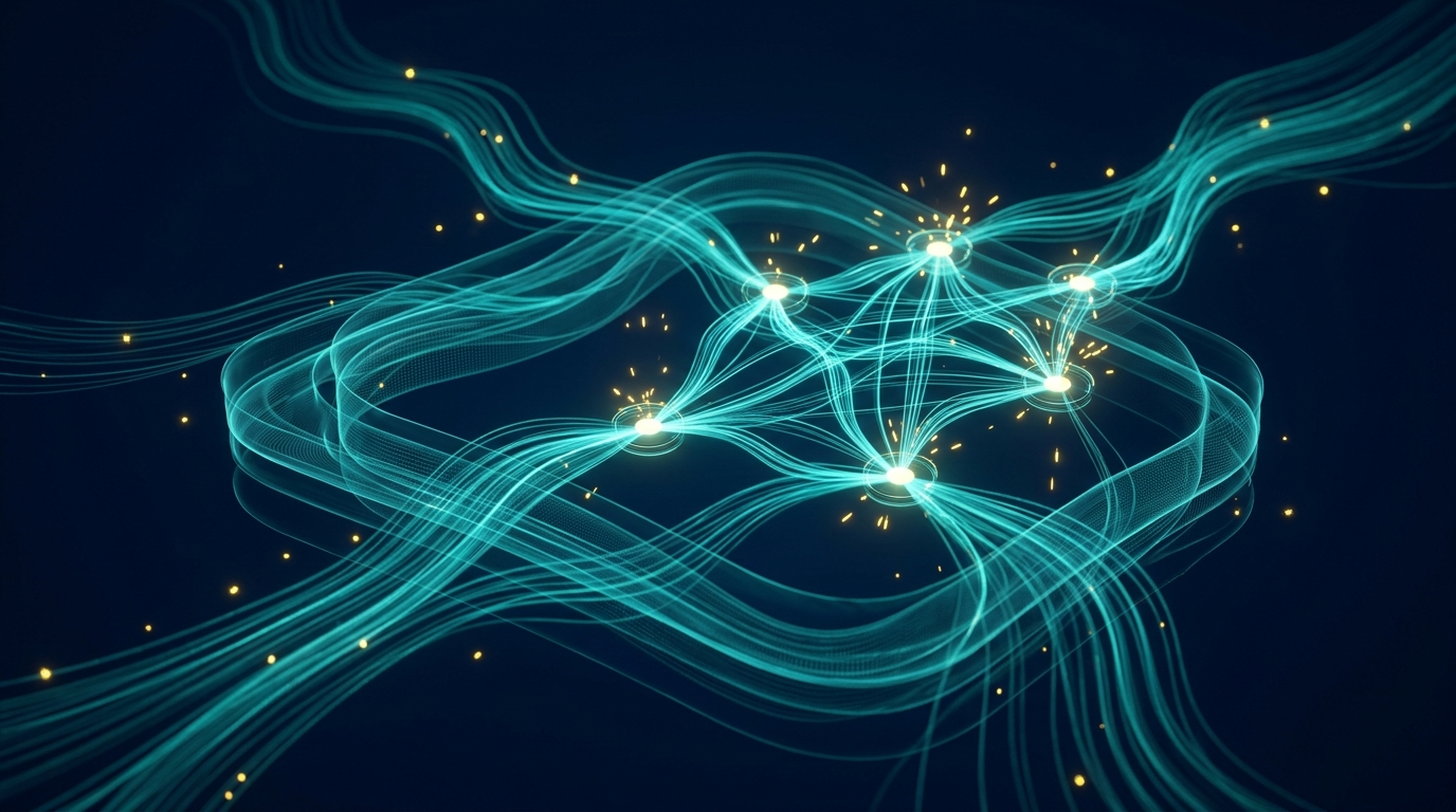 Abstract digital art illustration of interconnected data streams representing an AI operating system architecture