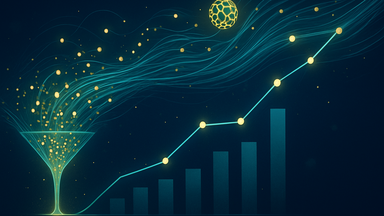 Abstract data visualization of AI search traffic flowing into an analytics dashboard