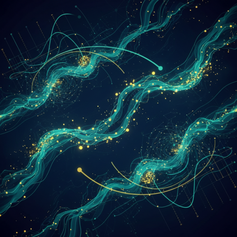 Abstract digital art showing flowing teal data streams with golden particle accents against a deep navy background, representing hidden AI traffic data in analytics