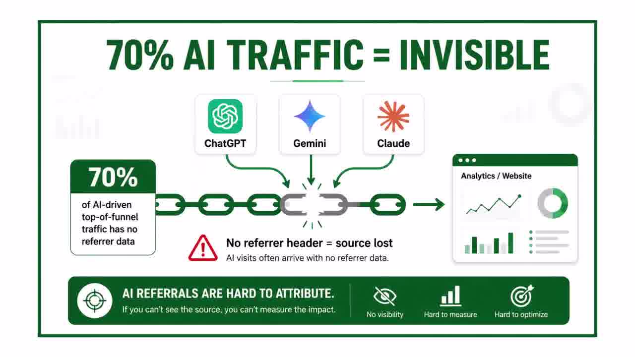 Infographic showing 70 percent of AI-driven traffic is invisible because AI referrals carry no referrer data