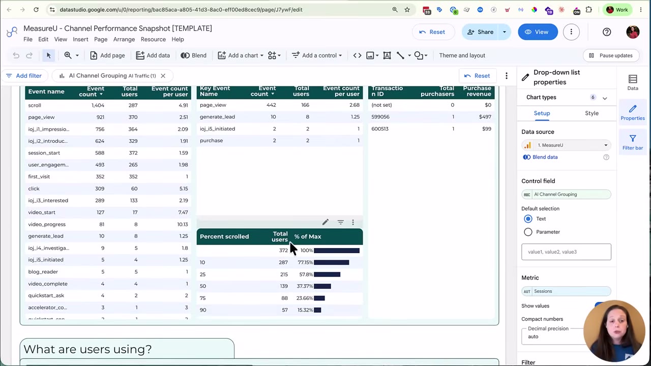 Data Studio scroll depth breakdown comparing AI traffic engagement