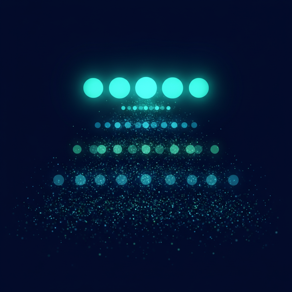 Tiered hierarchy of glowing orbs showing the Big 5 AI platforms at the top with smaller emerging sources below, representing the 52 AI traffic sources across 7 tiers