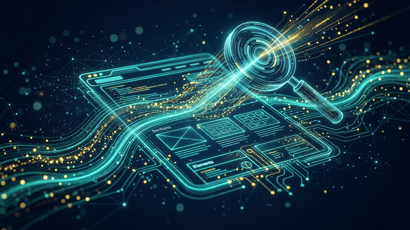 Abstract digital art showing AI scanning and auditing a website architecture with teal data streams and golden checkpoints