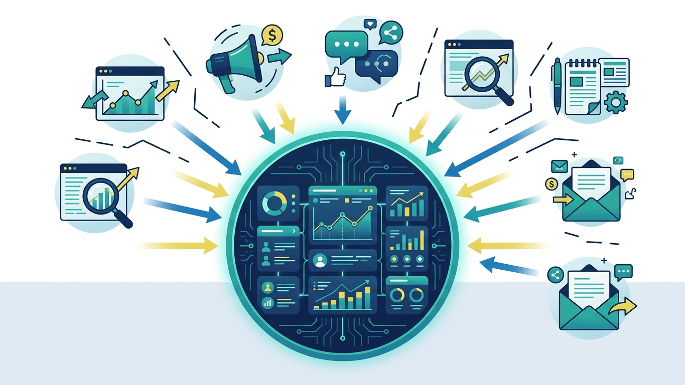 Illustration showing multiple marketing tools converging into a single unified platform dashboard