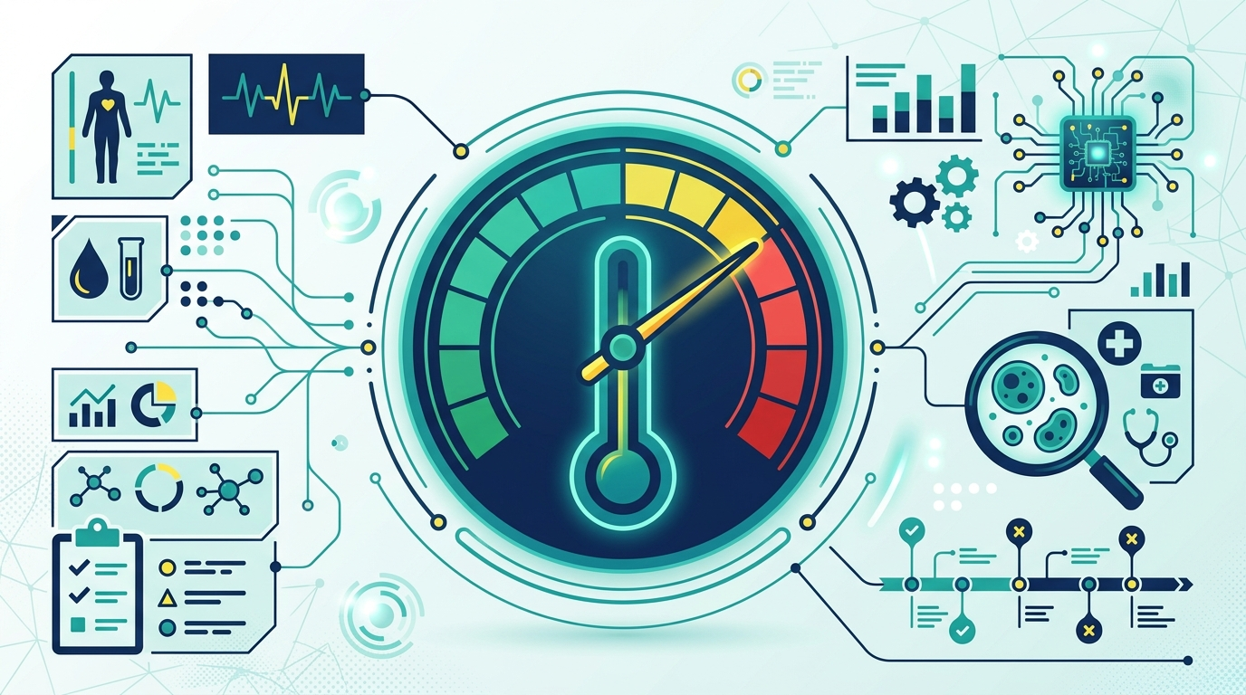 Diagnostic gauge showing analytics health measurement surrounded by data elements and checklist indicators