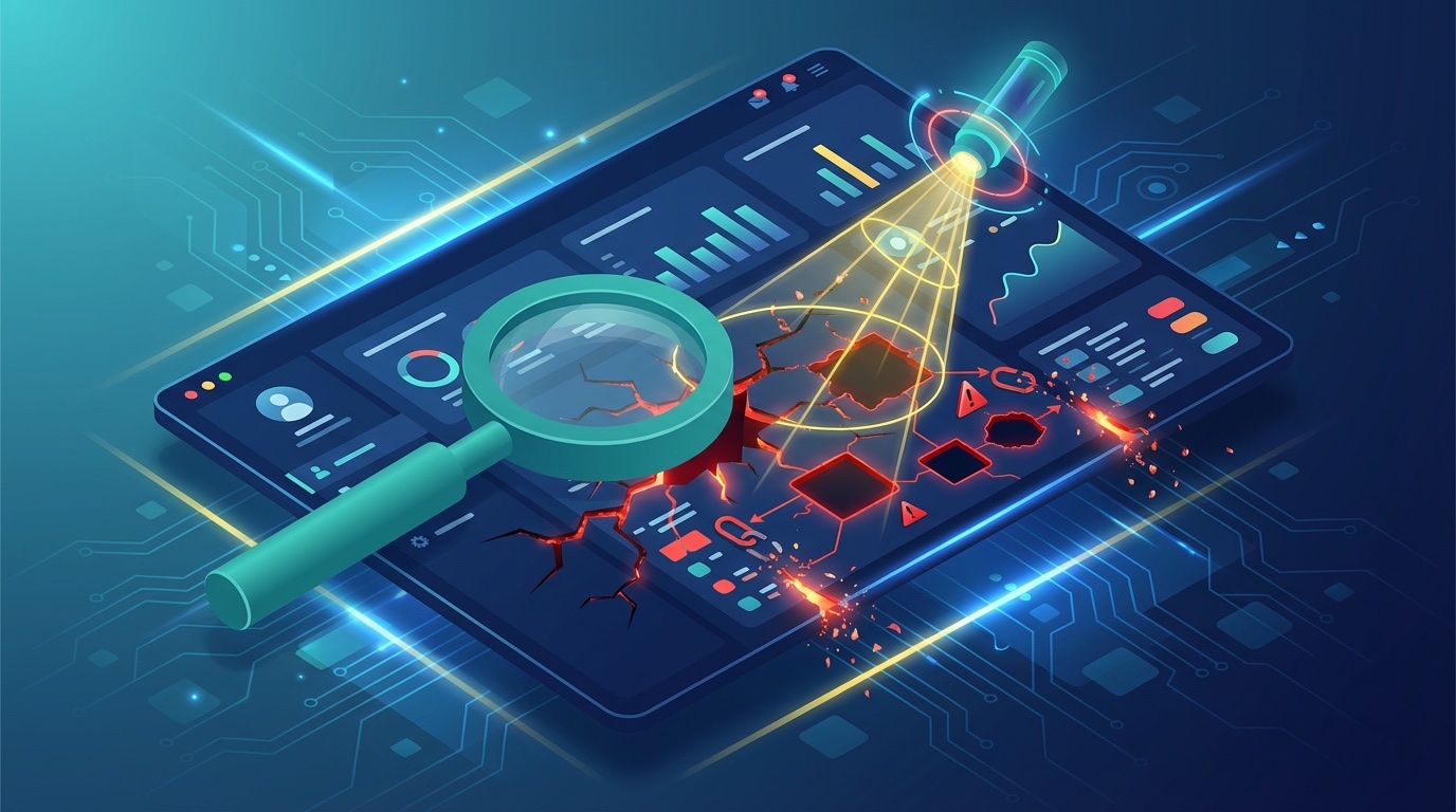 Magnifying glass revealing hidden cracks and broken data connections beneath a normal-looking dashboard