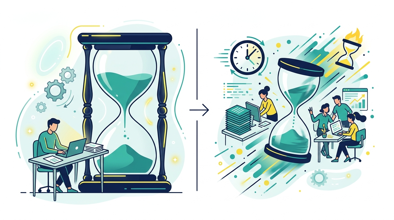 Before and after hourglass showing GA4 audit time compressed from hours to minutes with AI