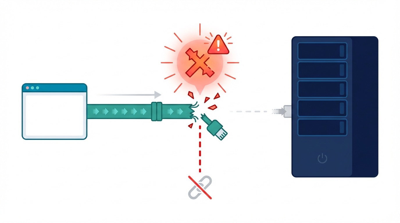 Diagram showing broken data pipeline between browser and server when server URL is missing