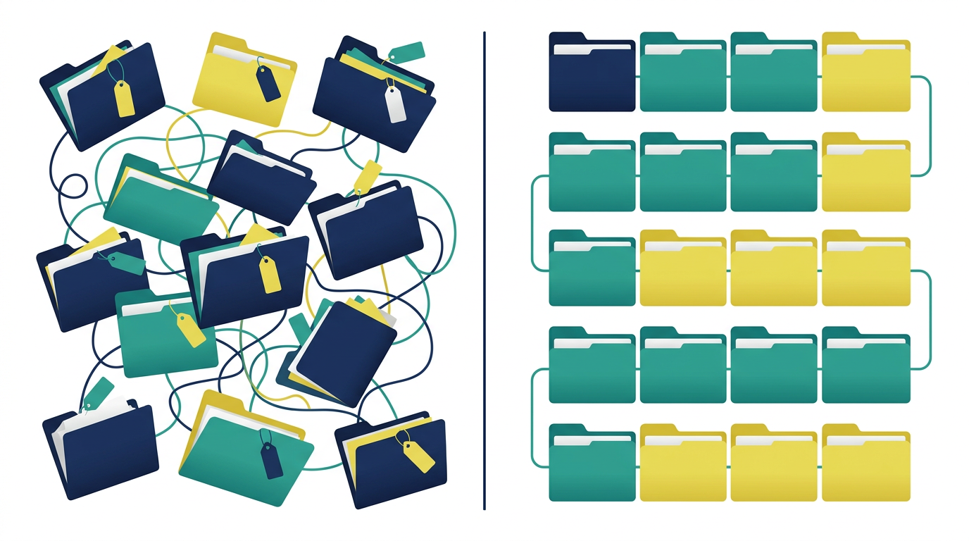 Split view comparing chaotic disorganized campaign naming versus organized labeled data
