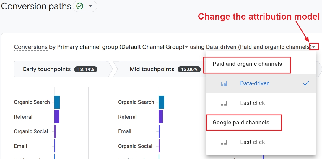 Change attribution model ga4 conversion paths report