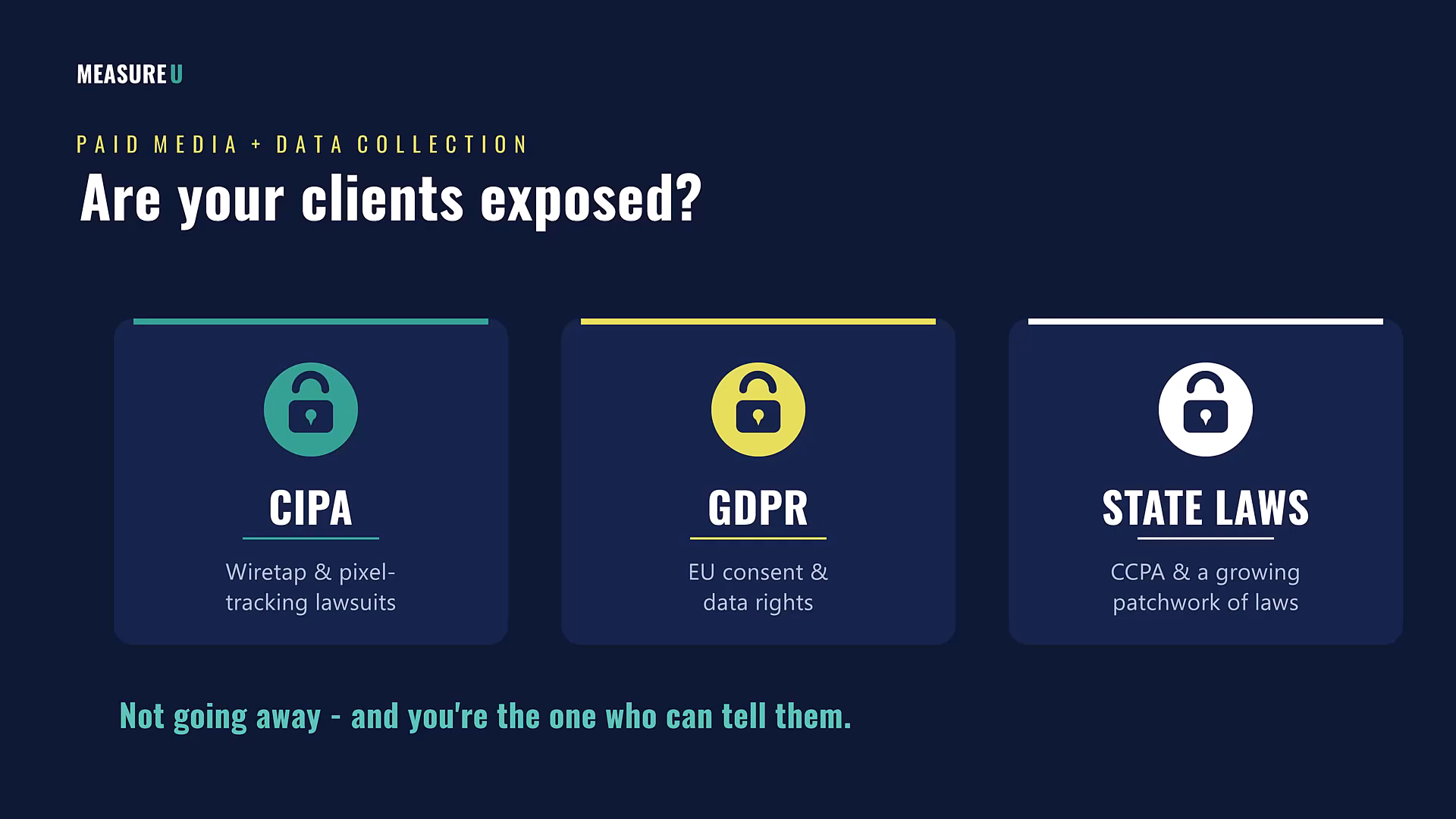 Slide asking Are your clients exposed, with CIPA wiretap and pixel-tracking lawsuits, GDPR consent and data rights, and state privacy laws