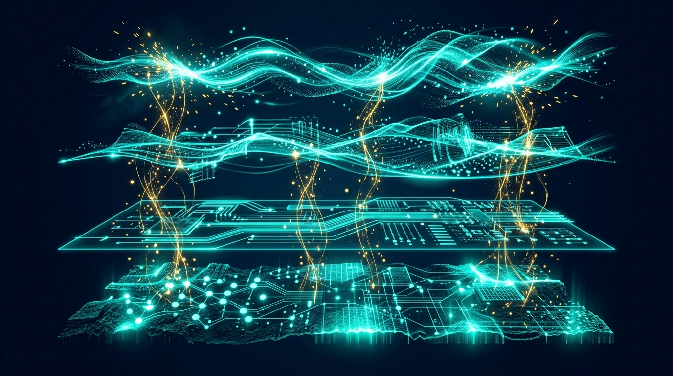 Abstract visualization of four stacked architectural layers representing the Claude Code system