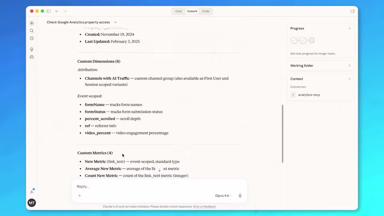 Claude desktop app connected to GA4 via MCP showing custom dimensions and metrics audit output