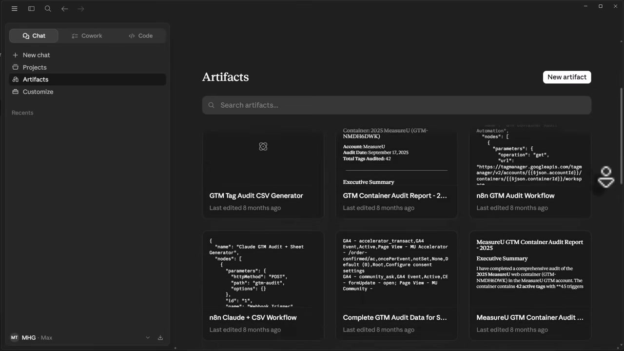 Claude Artifacts panel showing saved structured outputs such as audit reports and workflows