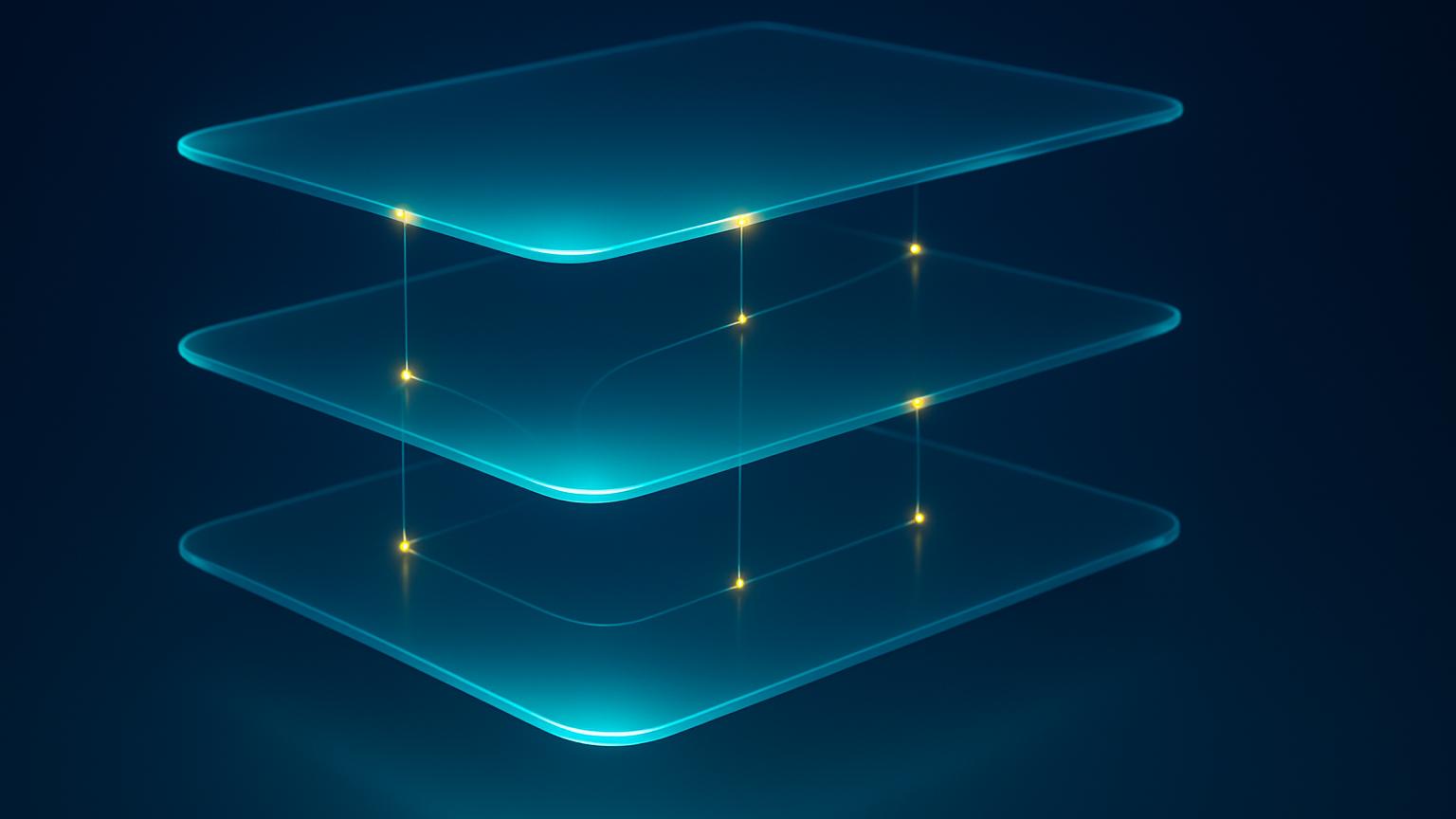 Layered glowing glass planes illustrating Claude as an operating system: storage, memory, apps, and preferences