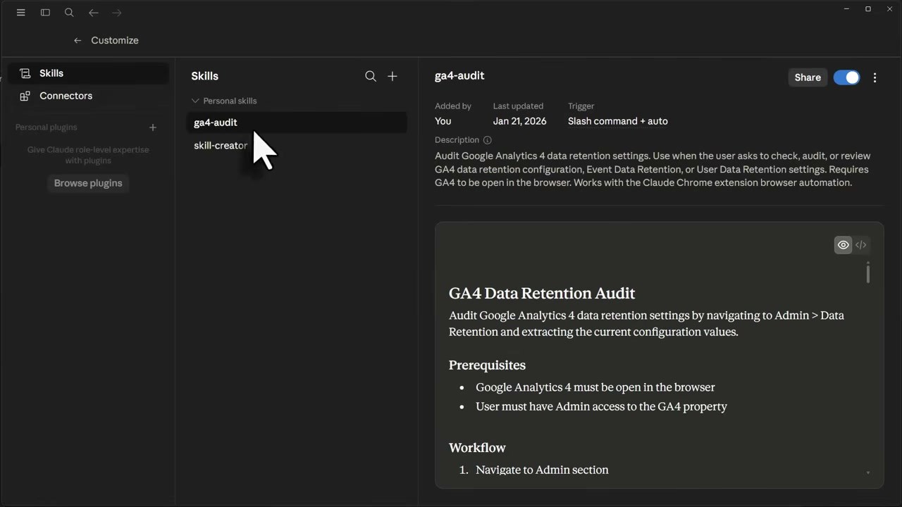 Claude Skills panel showing a GA4 audit skill with its prerequisites and workflow