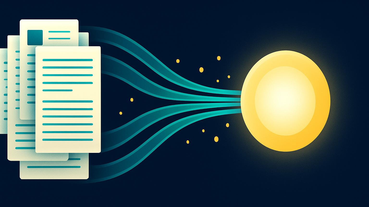 Many documents flowing into a single glowing insight, illustrating multi-document synthesis