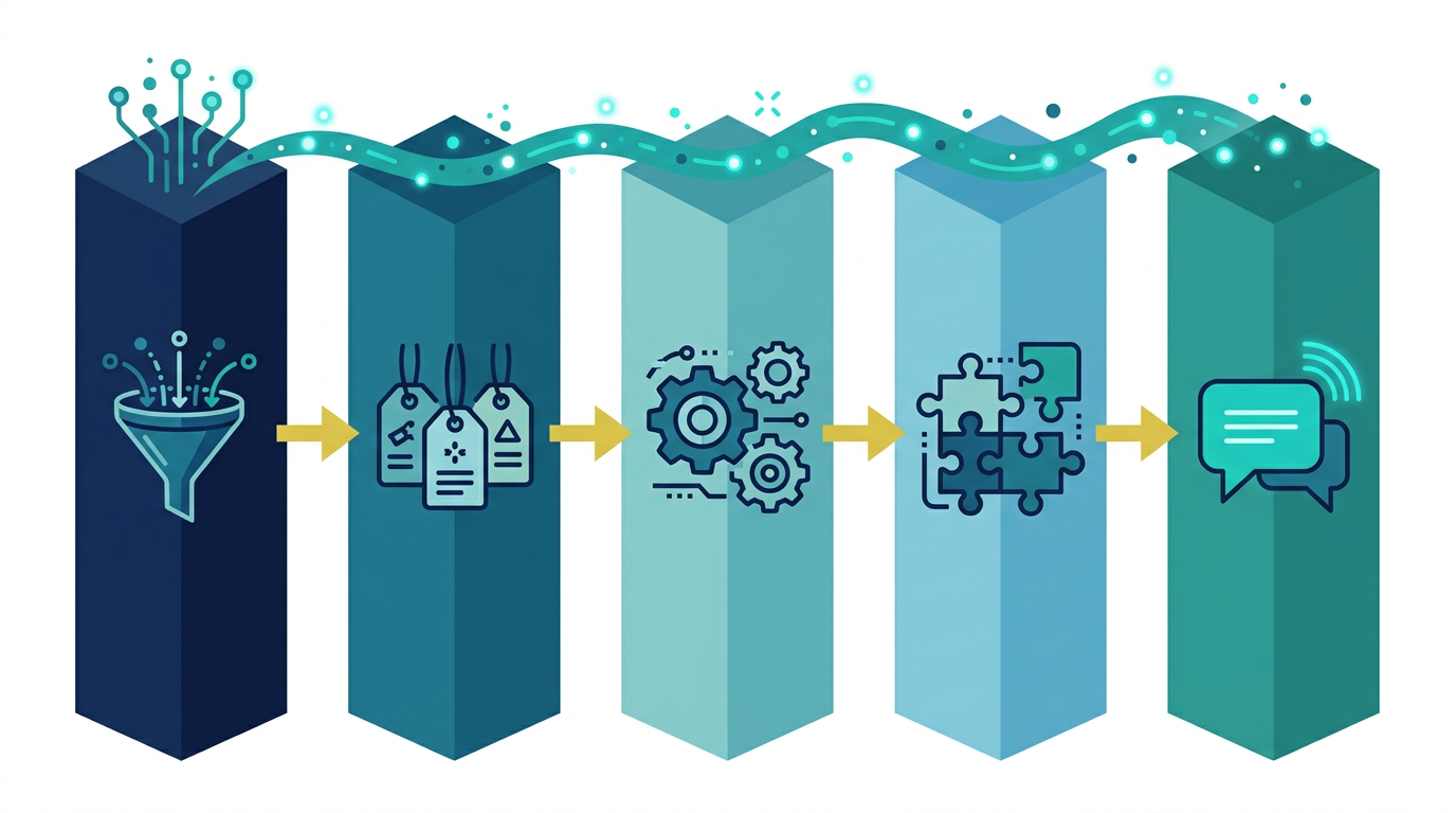 Five interconnected pillars of the CLEAN Data framework showing Collect Label Enhance Assemble Narrate
