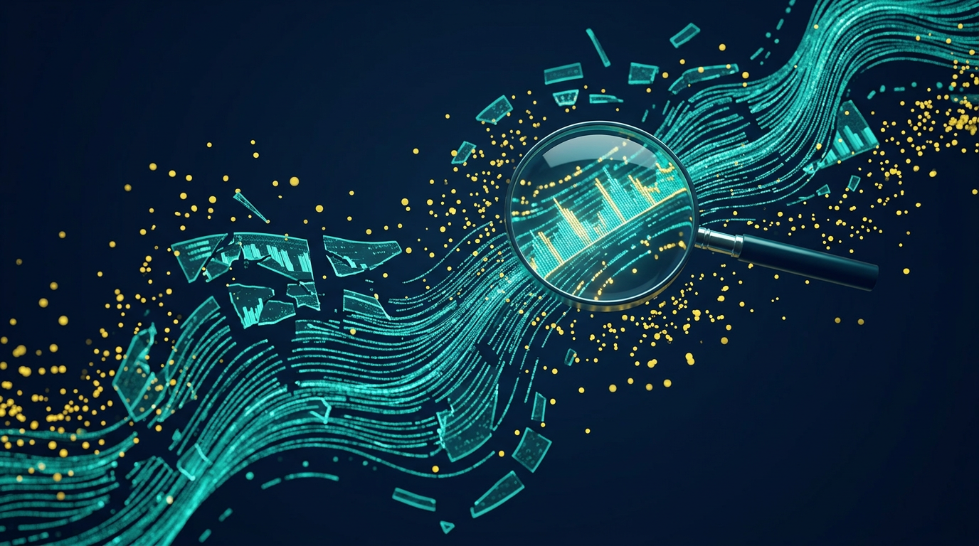 Abstract digital art representing marketing data analysis with teal data streams and navy background
