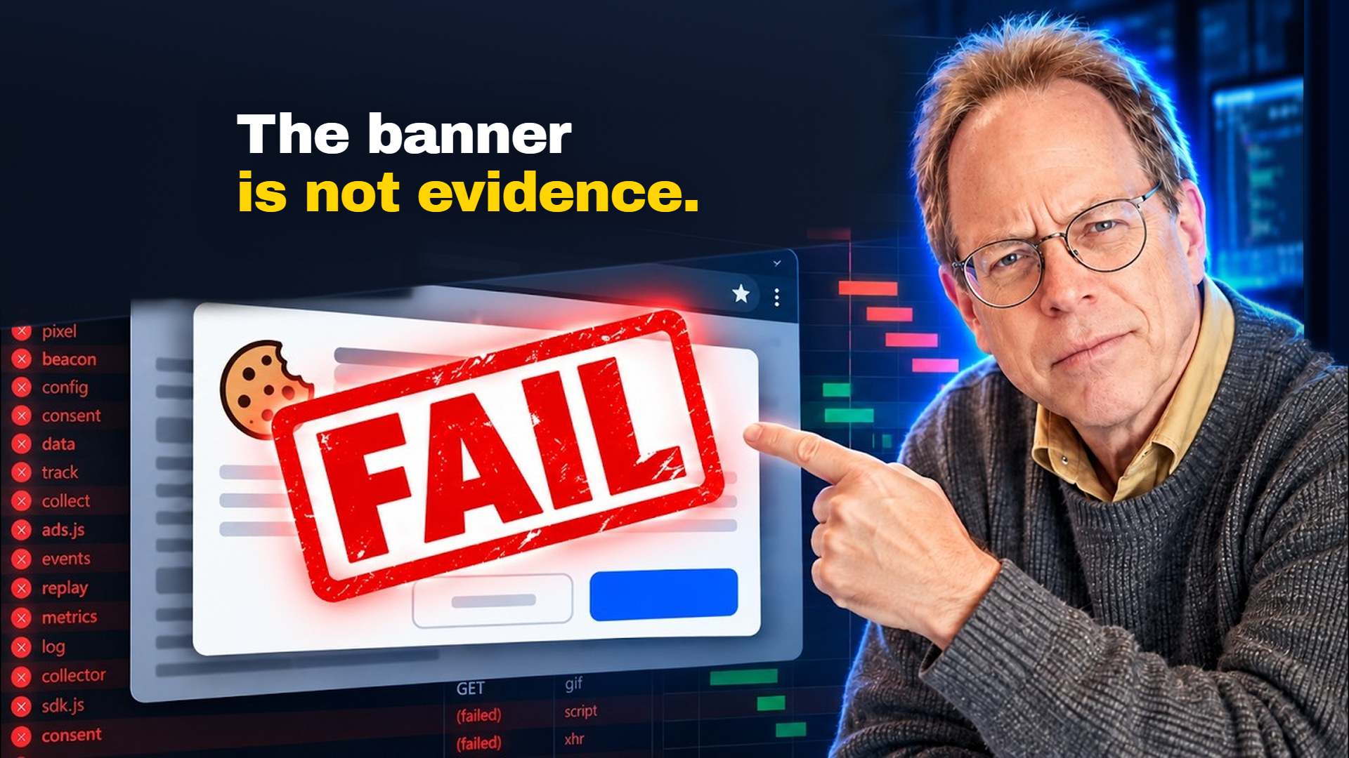 Fred Pike pointing at a cookie consent banner stamped FAIL