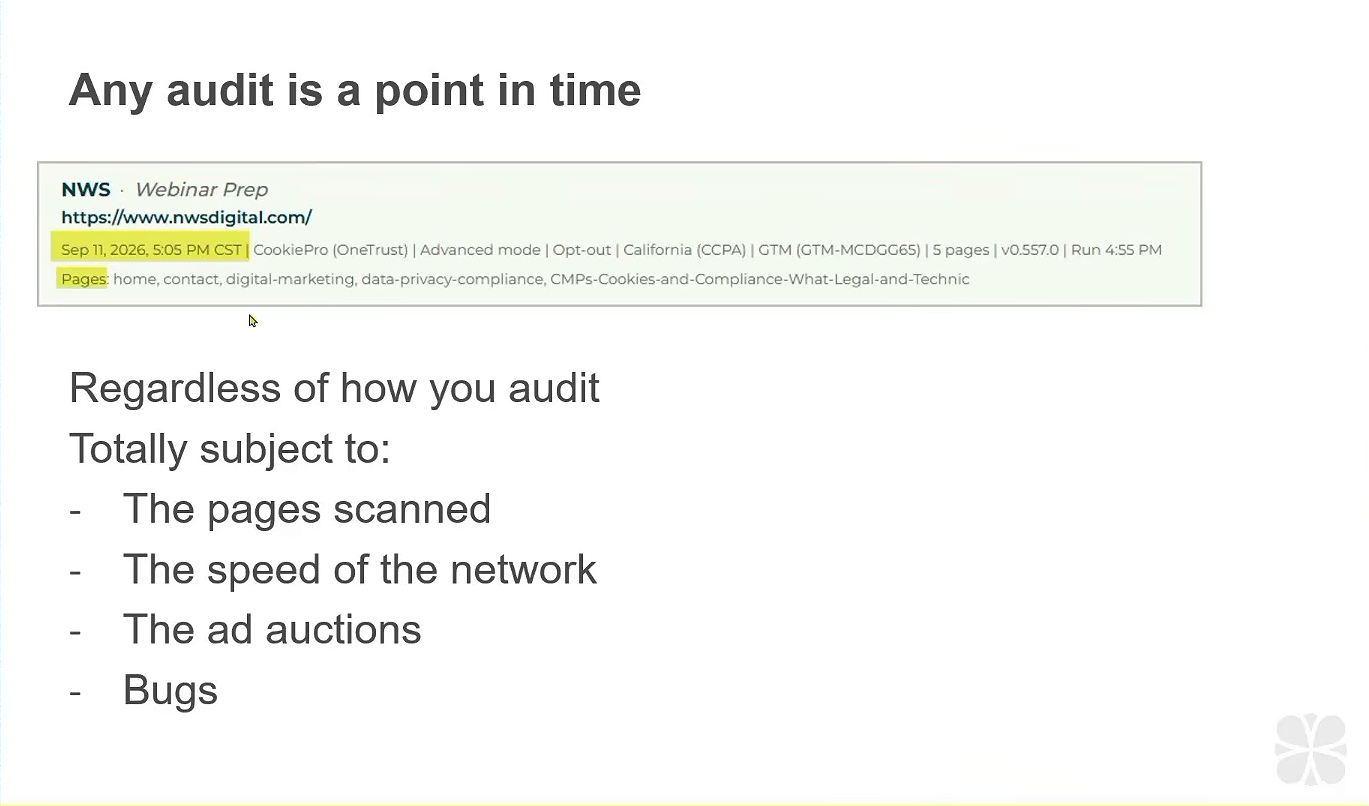 Slide: any audit is a point in time, subject to pages scanned, network speed, ad auctions and bugs