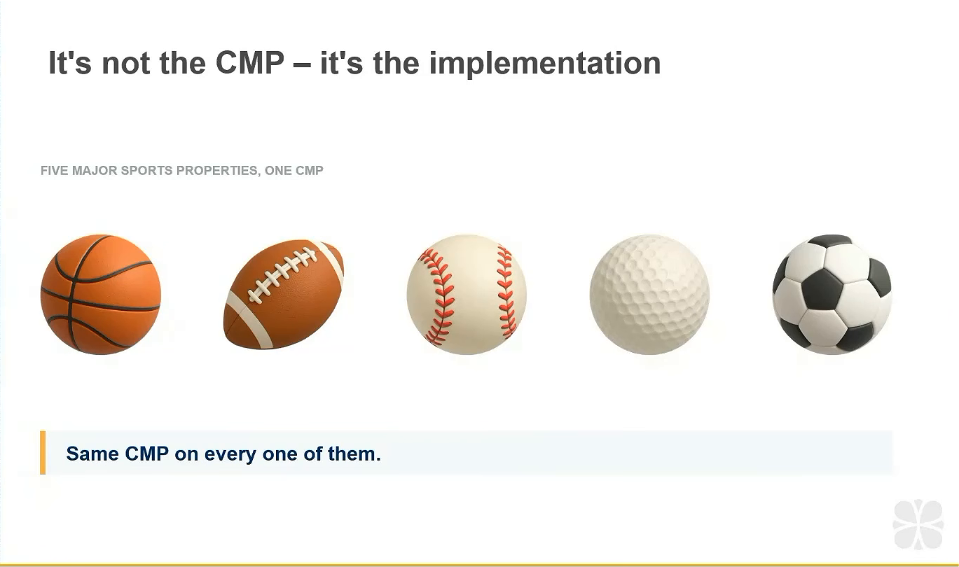 Slide: five major sports properties on the same CMP, it's not the CMP, it's the implementation