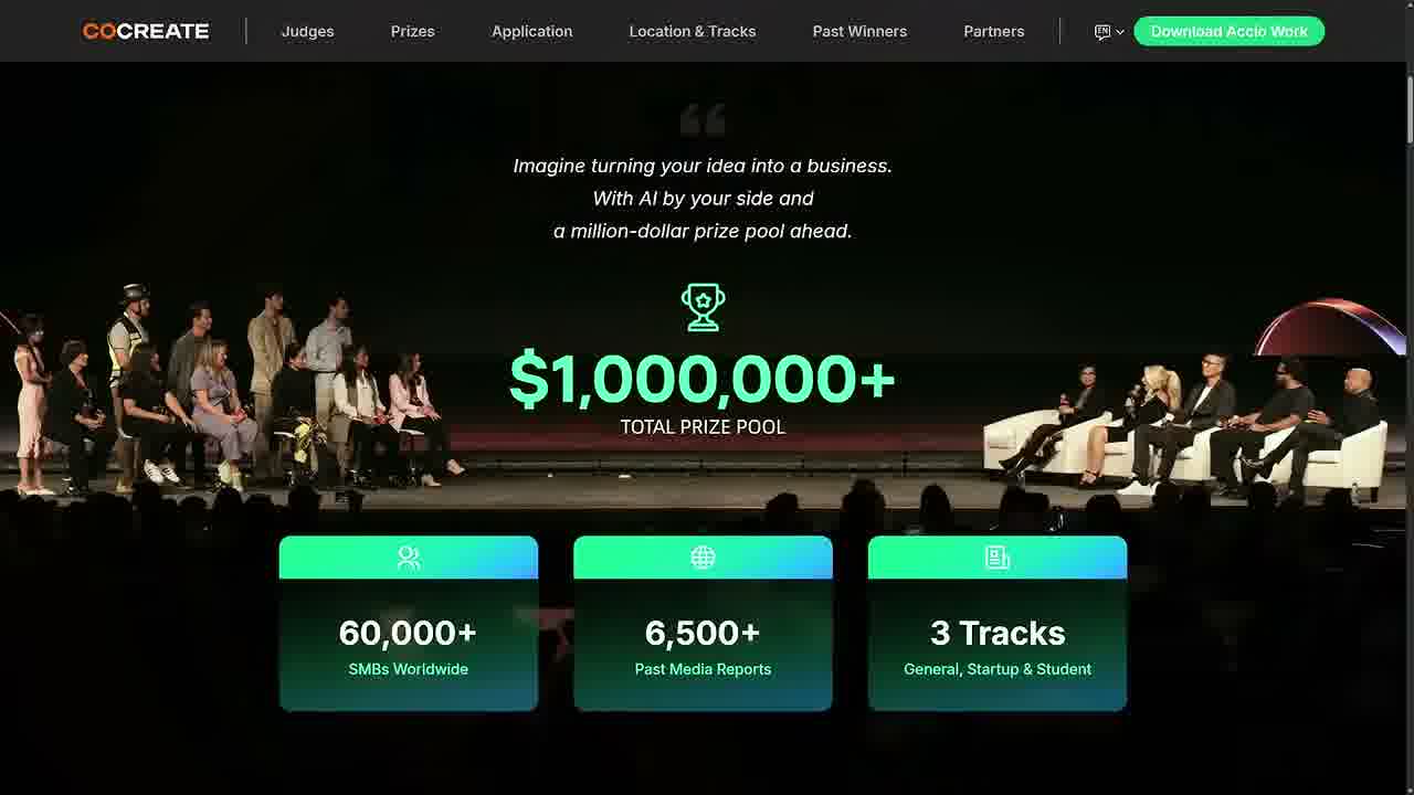 Alibaba.com CoCreate Pitch 2026 site showing the $1,000,000+ total prize pool, 60,000+ SMBs worldwide, and three competition tracks