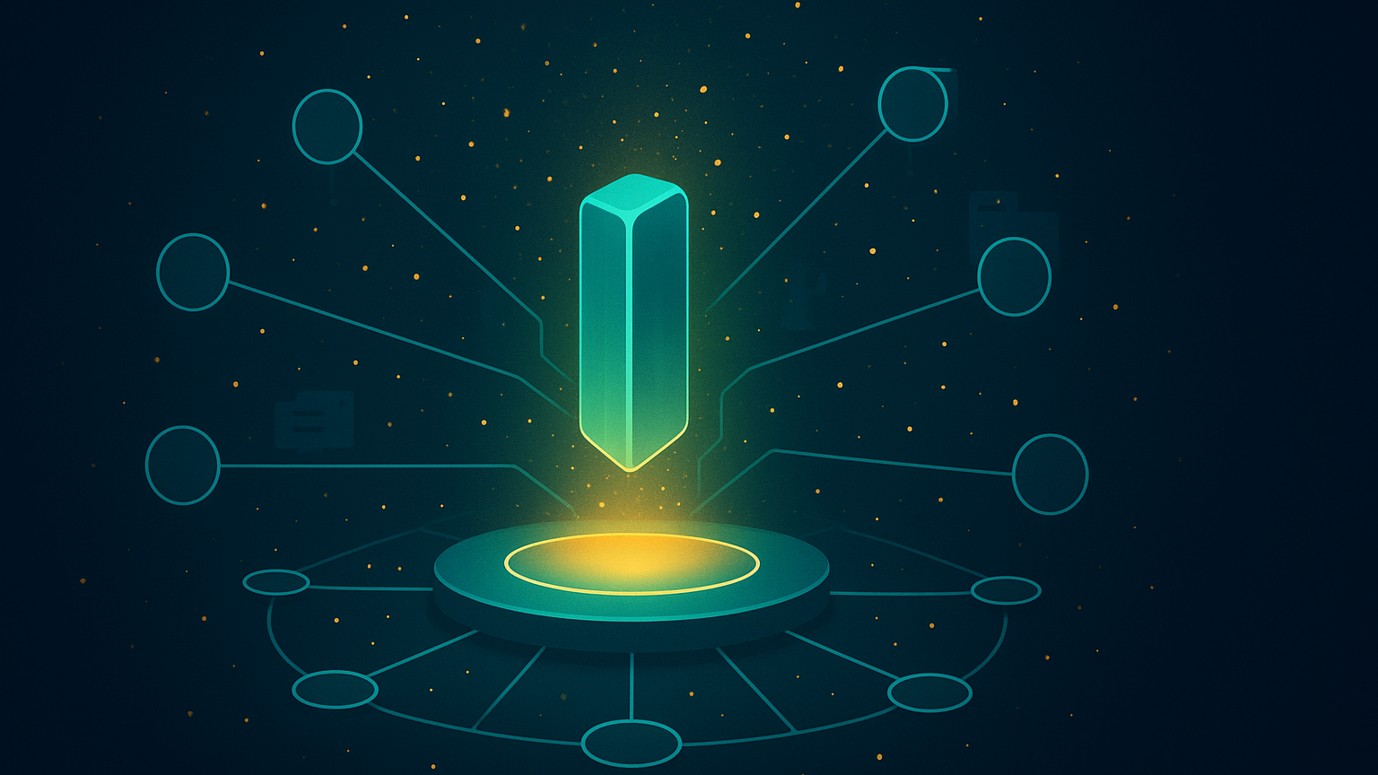 Abstract illustration of a product rising on a pitch competition stage surrounded by service modules