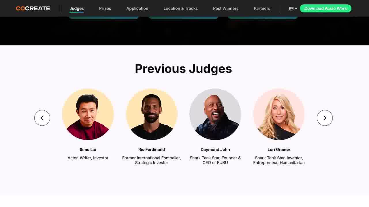 CoCreate Pitch previous judges including Simu Liu, Rio Ferdinand, Daymond John, and Lori Greiner