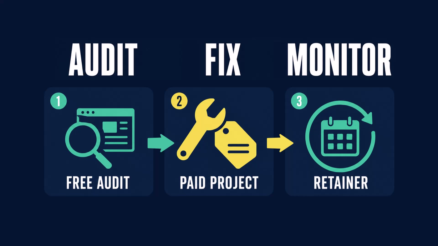 Three step service model graphic: free audit, then paid project to fix, then a monitoring retainer