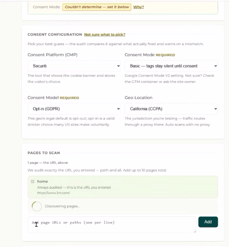CMP Audit setup screen showing the consent platform, consent model and geo-location fields plus the run checklist before starting an audit