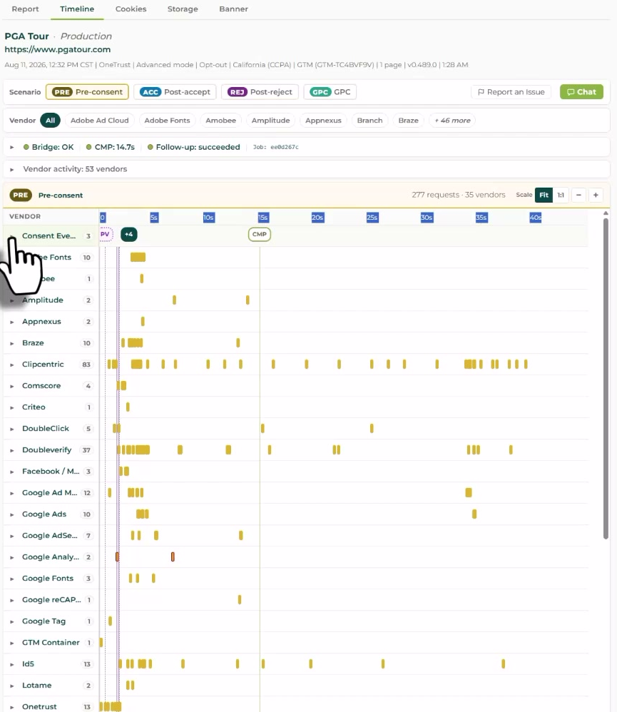 CMP Audit timeline view listing each vendor and when it fired during the pre-consent scenario