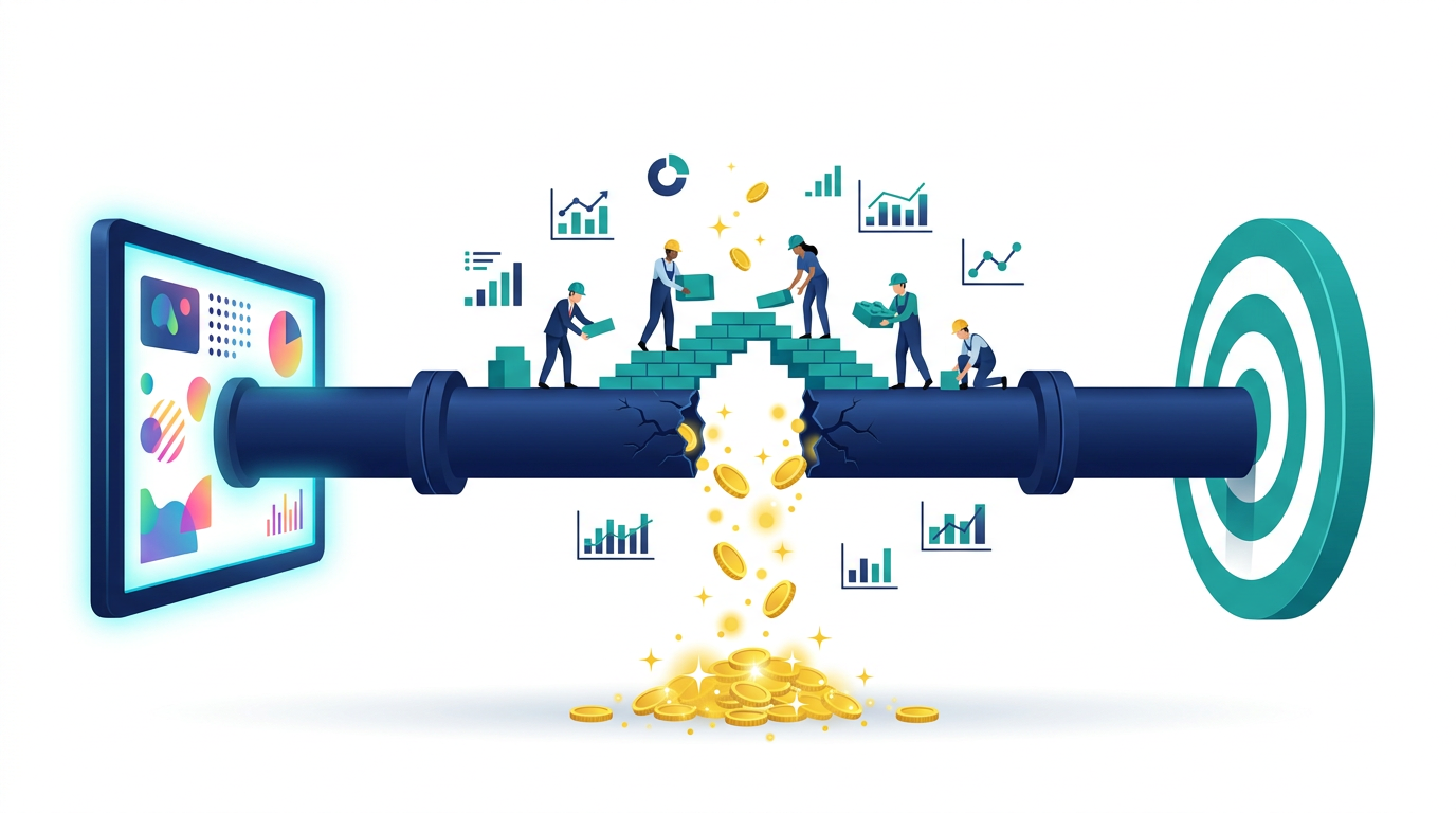 Advertising pipeline with gaps where conversion data leaks out showing wasted ad spend