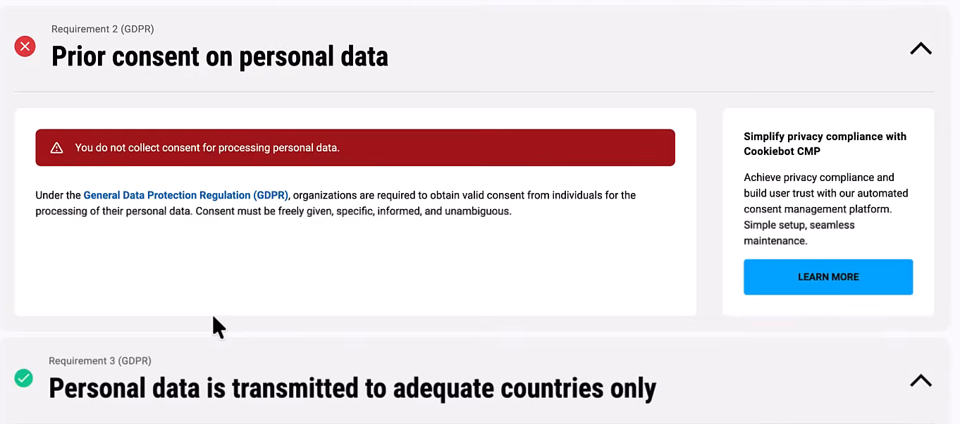 Two GDPR compliance requirements, prior consent on personal data failed and adequate countries passed