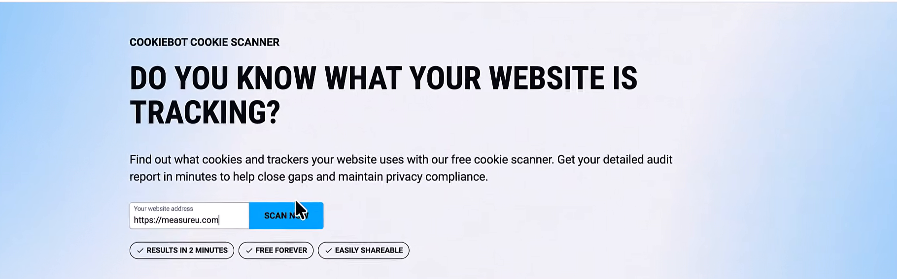The Cookiebot cookie scanner with measureu.com entered, ready to scan