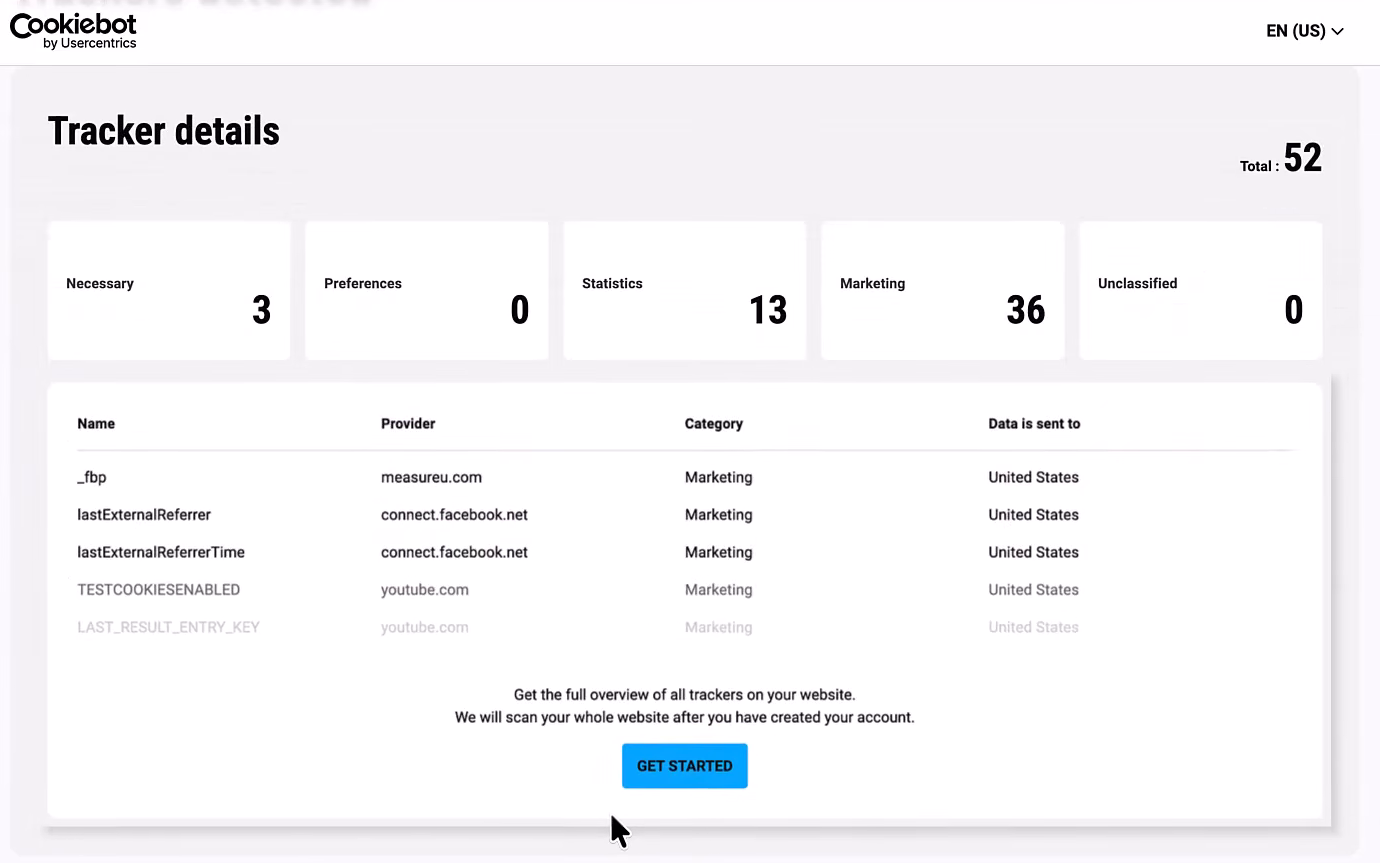 Cookiebot tracker details showing 3 necessary, 0 preferences, 13 statistics, 36 marketing, 0 unclassified, 52 total