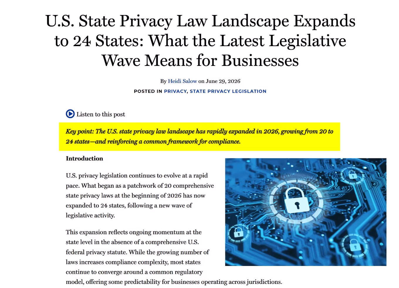 Husch Blackwell article headline: U.S. State Privacy Law Landscape Expands to 24 States