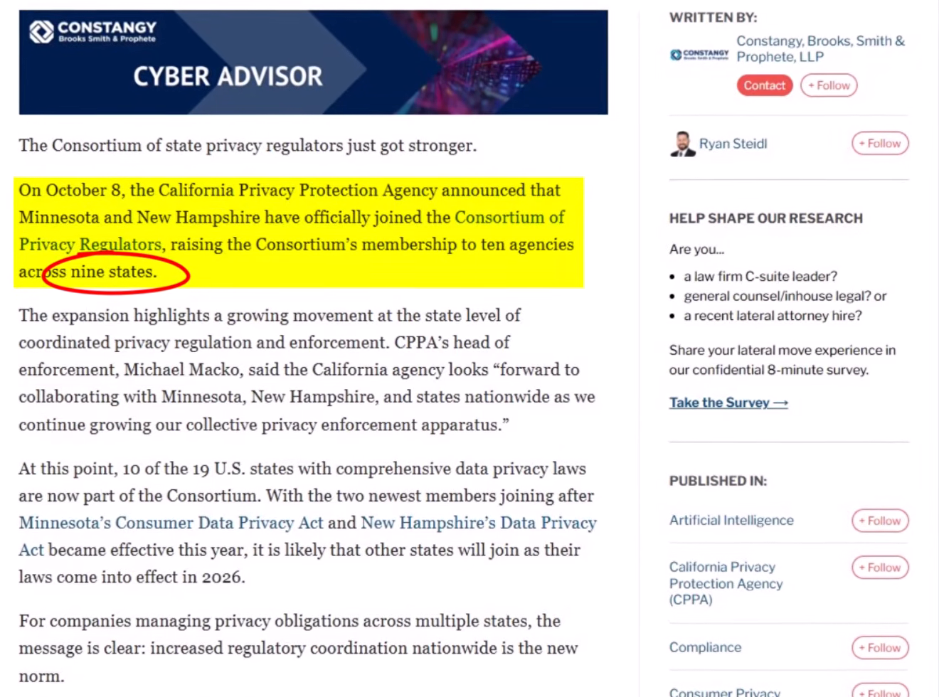 Constangy Cyber Advisor article on Minnesota and New Hampshire joining the Consortium of Privacy Regulators, raising membership to nine states