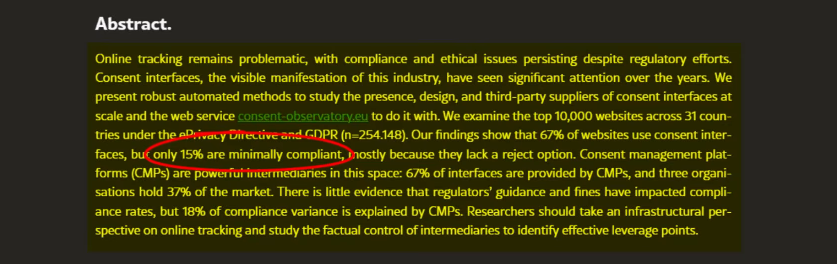 Abstract of the Aarhus University study showing only 15% of consent setups are minimally compliant