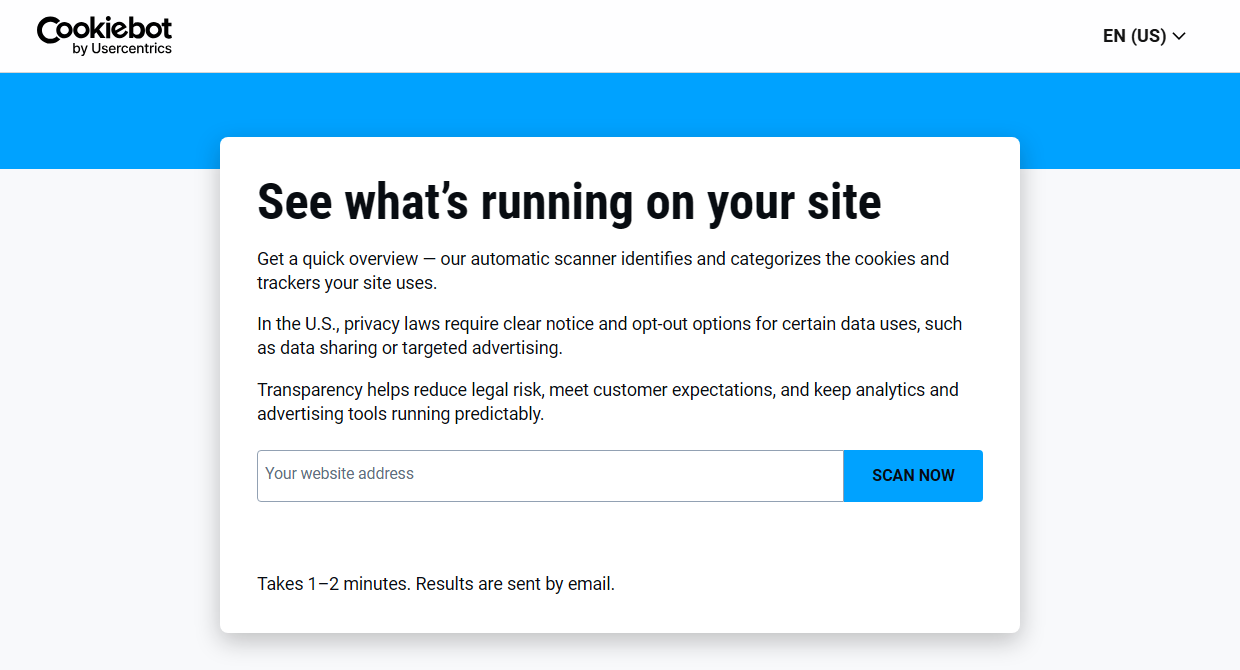 Cookiebot free privacy readiness scanner page with a website address field and Scan Now button