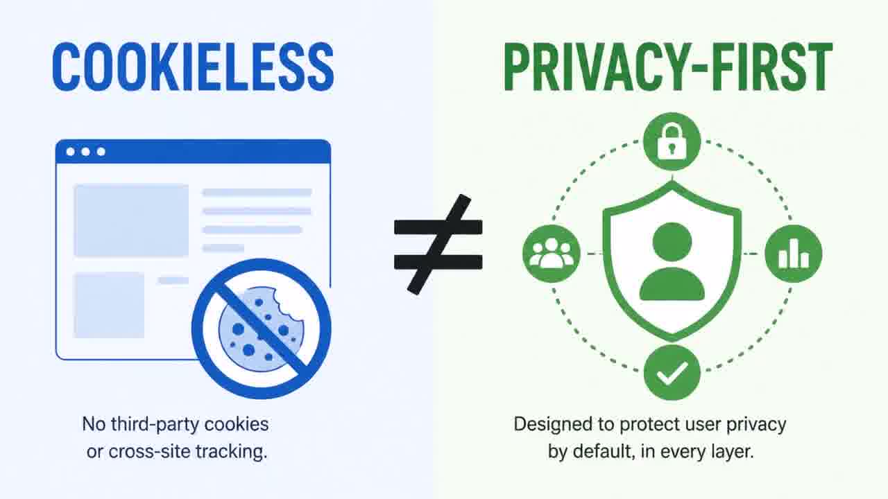 Side-by-side graphic showing that cookieless analytics is not the same as privacy-first analytics