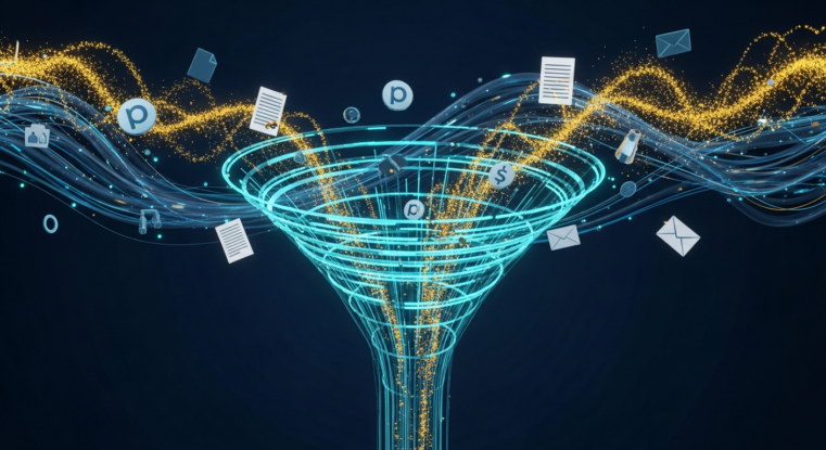 Abstract visualization of AI-powered marketing funnel with data streams and marketing assets