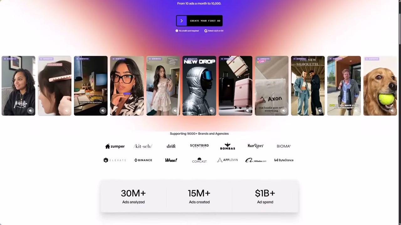 Creatify homepage showing AI-generated video ad examples and brand logos